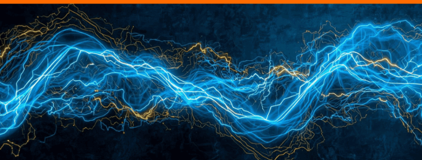 Blaue und orange Lichtwellen als Symbol für Strom anmelden und Strom abmelden